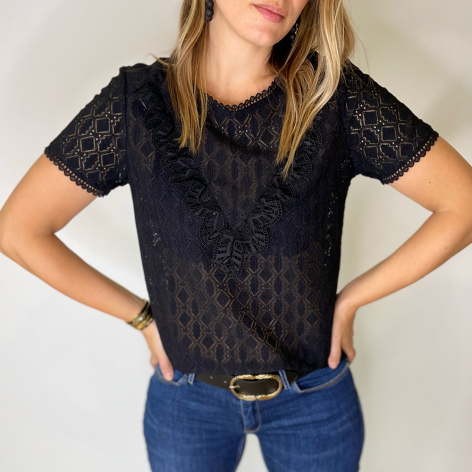 Blouse manches courtes en dentelle noire