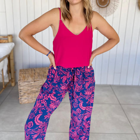 Pantalon large et fluide bleu et rose