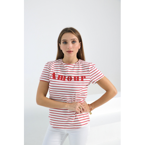Tee-shirt mariniere manches courtes avec inscription "amour" en rouge