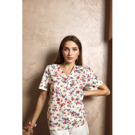 Chemise manches courtes à motifs fleuris rose et bleur sur un fond ecru